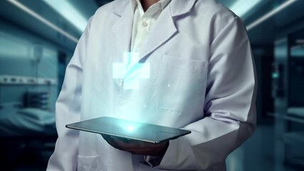 Close up of doctor holding tablet while pointing medical cross hologram floating at laboratory by using stylus pen. General practitioner checking and looking at icon by using technology. Remedial.