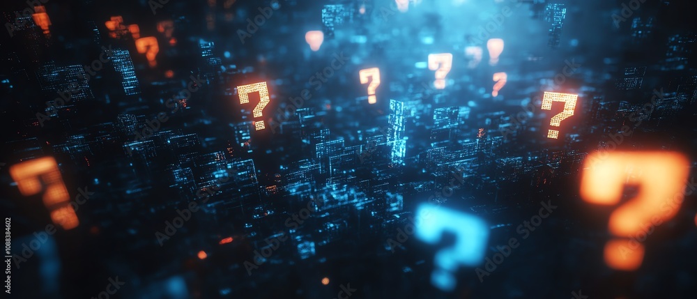 Poster 3d rendering of a dark abstract background with glowing digital blue question marks, floating in spa
