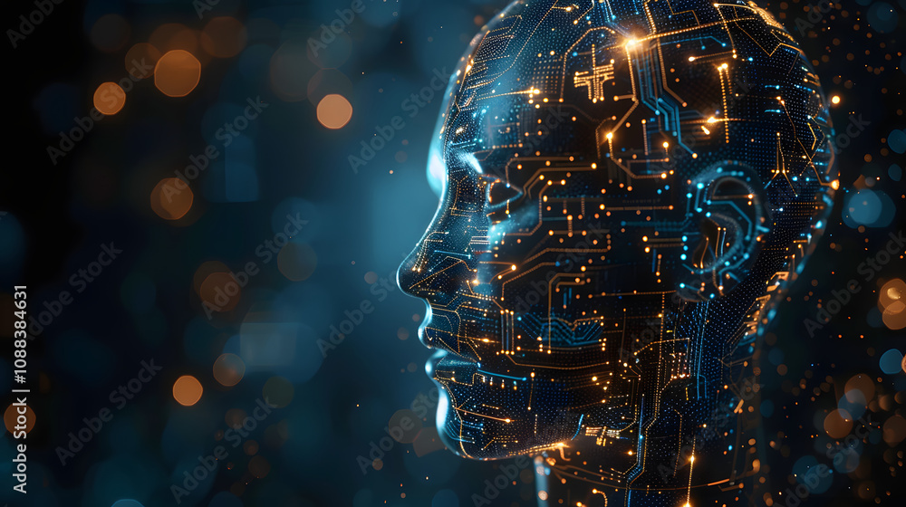 Poster realistic artificial intelligence. computer mind connections head. human head with circuit board ins