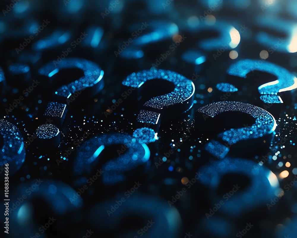 Poster 3d rendering of an abstract dark background filled with floating digital blue glowing question marks