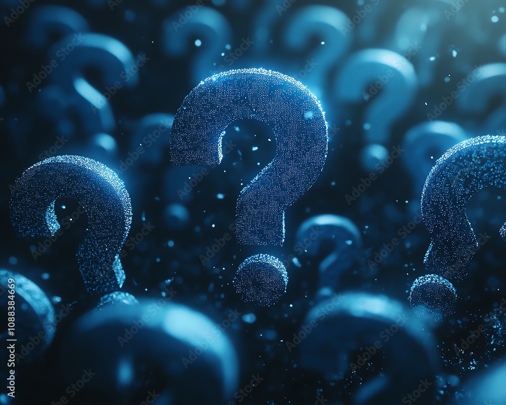 Poster 3d rendering of an abstract dark background filled with floating digital blue glowing question marks