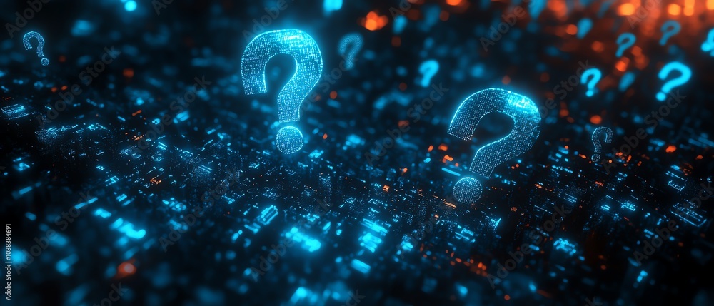 Fototapete 3d rendering of a dark abstract background with glowing digital blue question marks, floating in spa