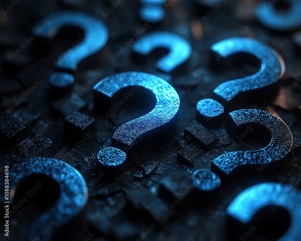 Poster 3d rendering of an abstract dark background filled with floating digital blue glowing question marks