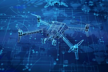 A drone gliding effortlessly above a bright blue expanse, highlighting its modern technology and aerial capabilities. A detailed blueprint of a drone .