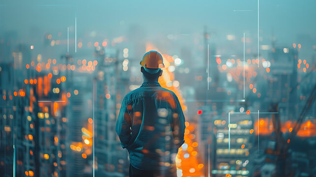 rear view of professional engineer manager standing concentrate focus multi exposure with building construction industry background construstion engineer concept