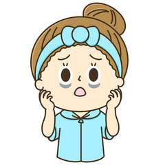 疲れてクマができている金髪お団子ヘアの女性のゆるかわイラスト　ブルー