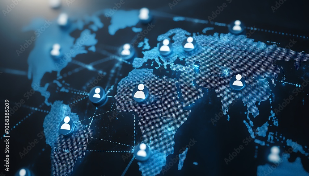 Poster 3d rendering of personal data and social communication, featuring digital user icons on a world map 