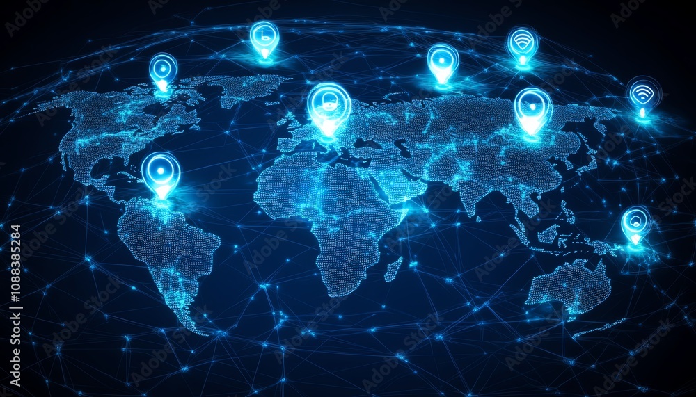 Poster 3d rendering of personal data and social communication, featuring digital user icons on a world map 