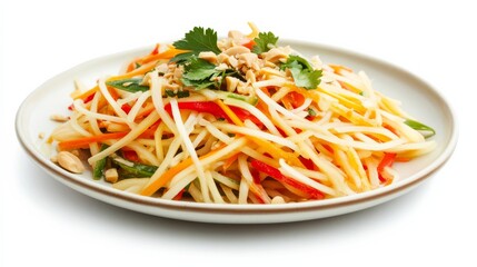 A colorful plate of Thai mango salad with shredded green papaya, carrots, peanuts