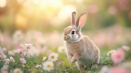 Fototapeta premium Cute Bunny Rabbit in a Field of Flowers.