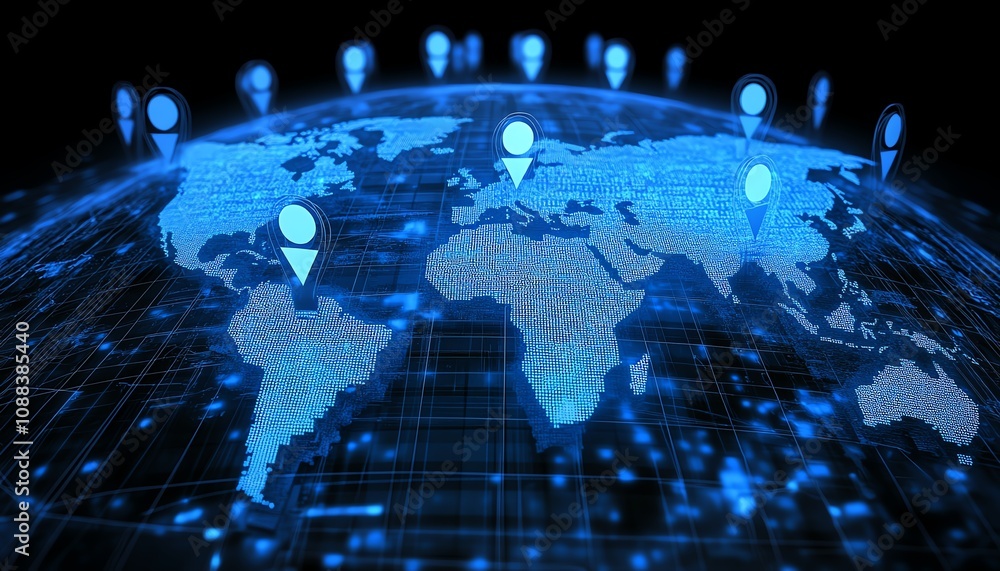 Poster 3d representation of personal data and social communication with digital user icons on a world map g