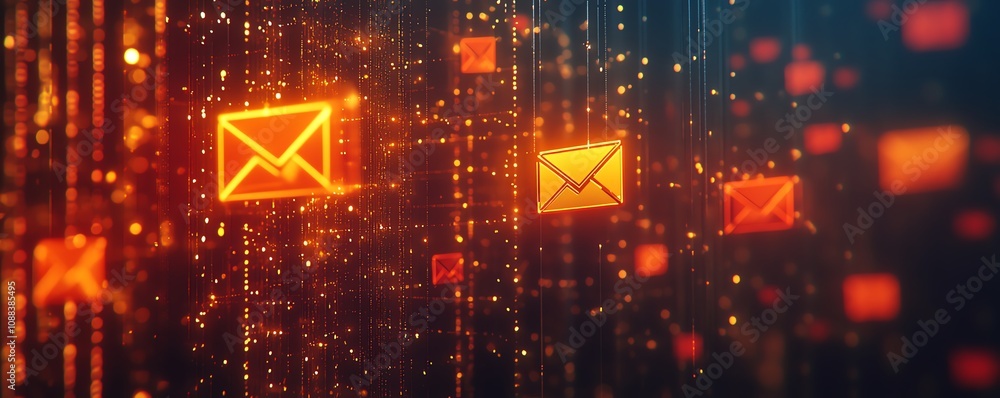 Poster 3d visualization of digital mail communication, with yellow and red envelope icons connected through