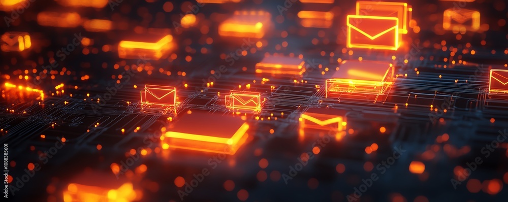 Poster 3d visualization of digital mail communication, with yellow and red envelope icons connected through