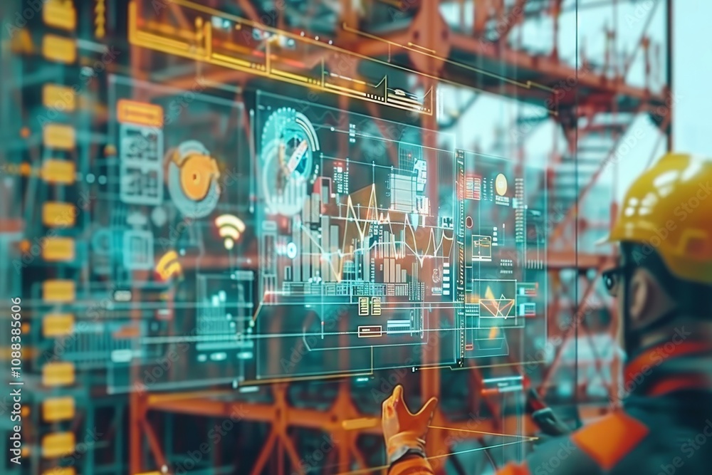 Poster a digital display of intelligent automation in construction technology , a man wearing a hard hat ob