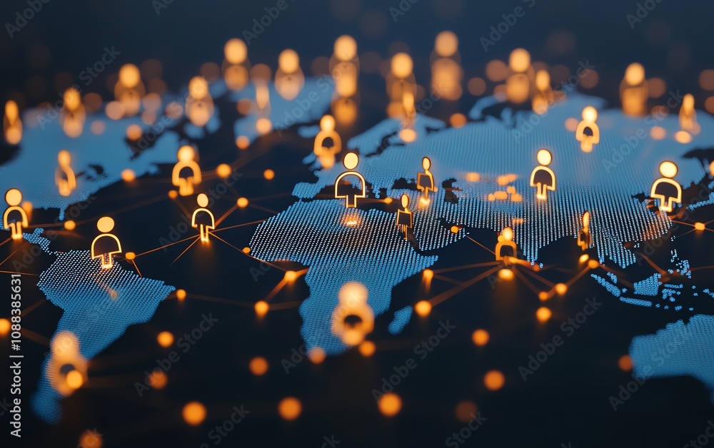 Poster 3d visualization of personal data and social communication, with digital user icons on a world map g