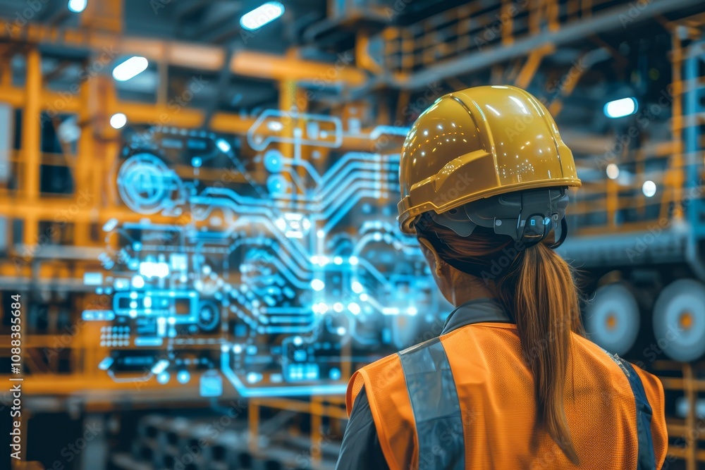 Poster a digital display of intelligent automation in construction technology , a man wearing a hard hat ob