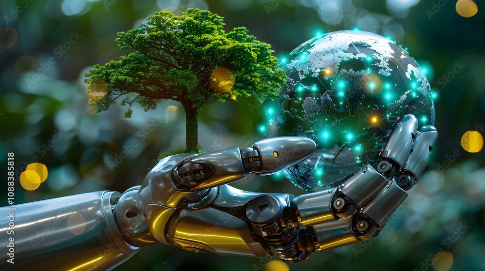 Poster robot hand pointing a digital ball with tree against nature with digital convergence and technology 