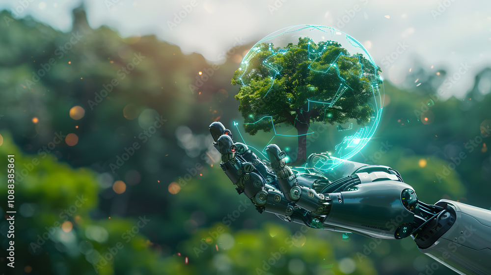 Poster robot hand pointing a digital ball with tree against nature with digital convergence and technology 
