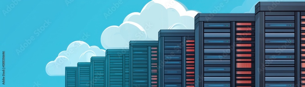 Poster colorful server racks against a bright sky, representing data storage and cloud computing.