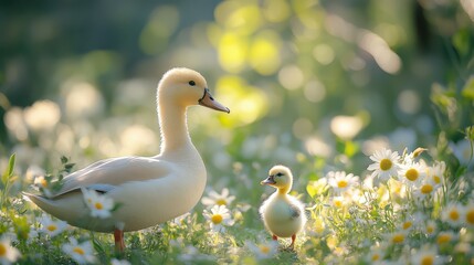 Obraz premium Duckling and mother in daisy field.