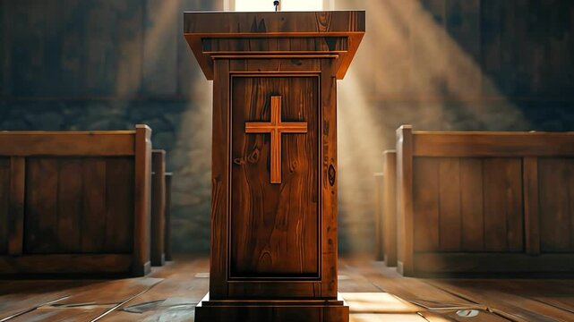 A church podium with a preacher delivering a sermon,