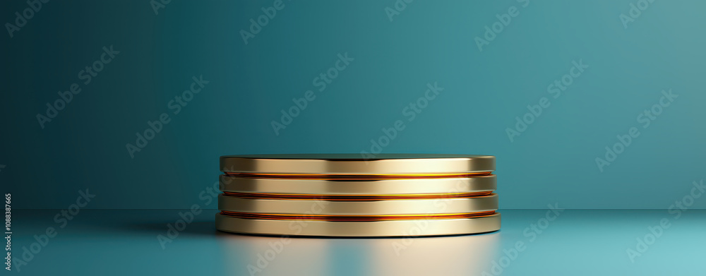 Poster polished gold plated podium with dynamic layered tiers on teal background, creating elegant display 