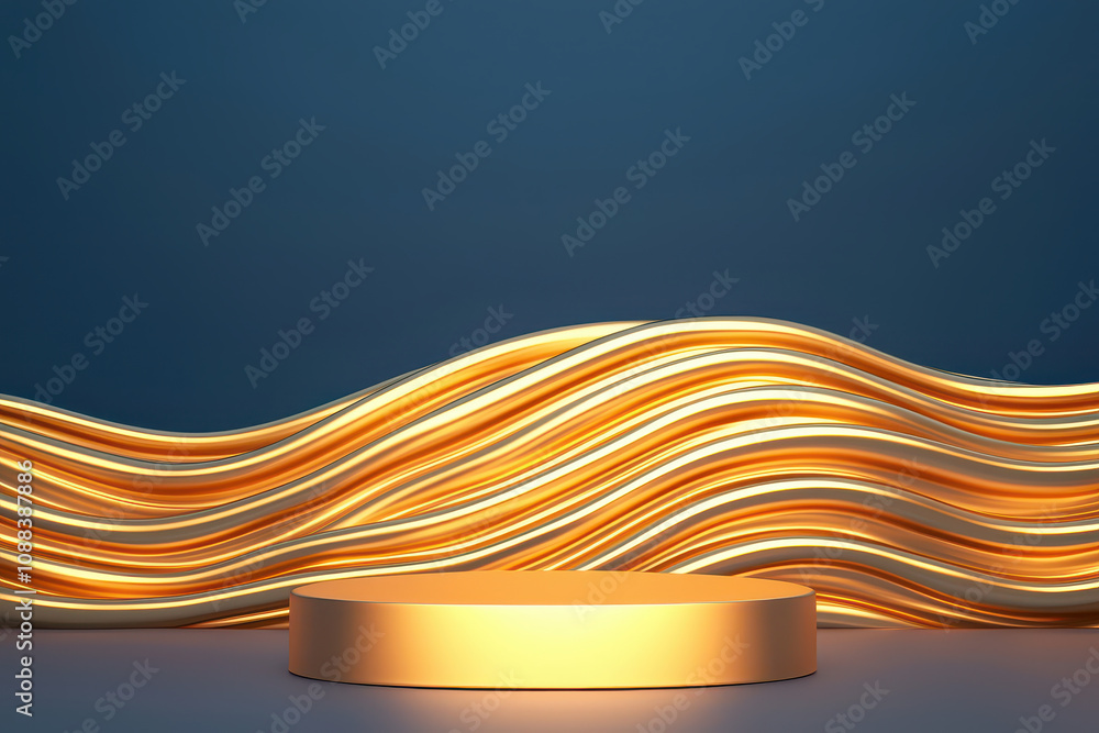 Poster futuristic gold plated podium with dynamic flowing textures against blue background, creating visual