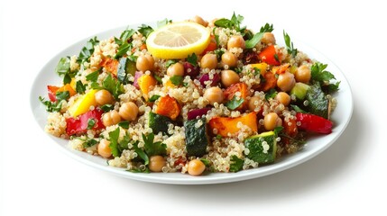 A colorful quinoa salad with tri-color quinoa, roasted vegetables, chickpeas