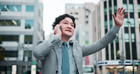 Asian man, phone call and city with wave for transport service, travel or commute on pavement or sidewalk. Japanese, businessman or employee hailing with mobile smartphone for cab, lift or taxi