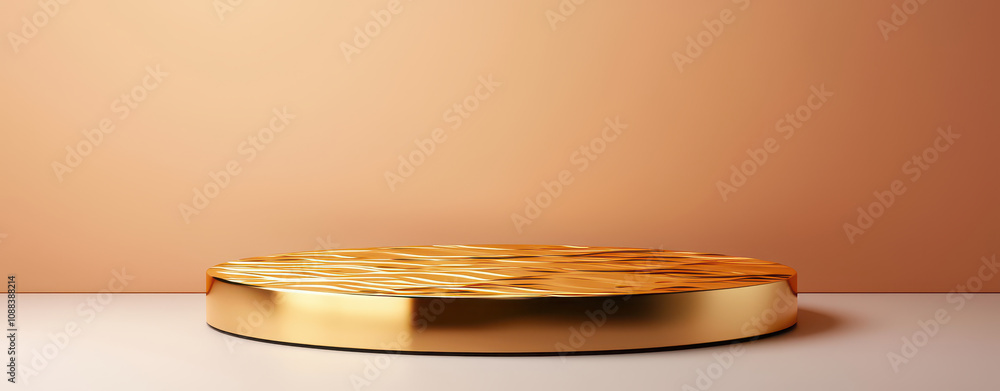 Poster polished gold plated podium with dynamic shapes on smooth surface, ideal for presentations or displa