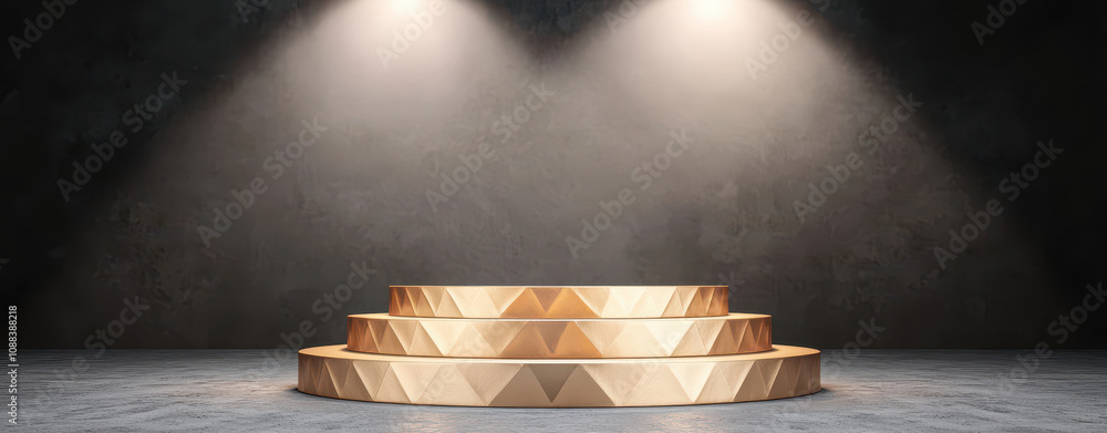Poster multi tiered gold plated podium with sharp angular designs, illuminated by soft spotlights, creates 