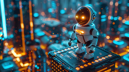 Smart city metaverse iot internet network technology 3D robot working with city architecture model with digital big data analyzing computer coding interface, futuristic internet