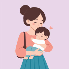 mother carrying a baby, mom holding a baby with arm flat vector illustration