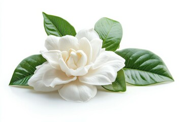 Fototapeta premium White Gardenia Flower with Green Leaves Isolated on White Background.
