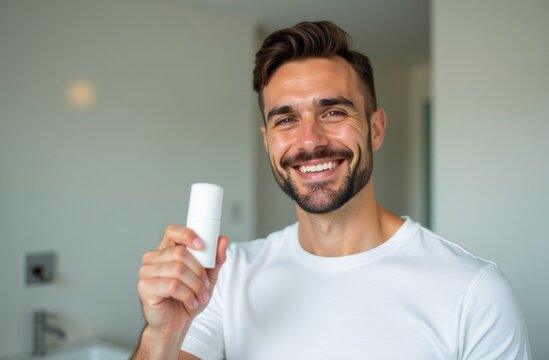 Smiling man with beard in white t-shirt holding white deodorant stick mockup and looking at camera, stay on bathroom. Copy space. Concept: advertising photo, skin care, eco cosmetic product