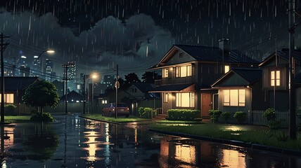 Cozy Suburban Nigh, Rainy Streets, Warm Homes, and Moody City Lights in Cinematic Detail V8