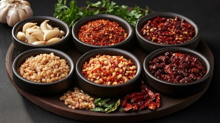 An assortment of dried chili peppers, garlic and herbs in small bowls arranged on a wooden platter.
