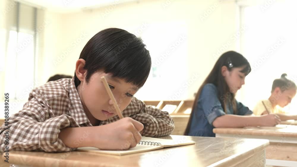 Poster close up of skilled asian student writing or taking a note during test. elementary student working o