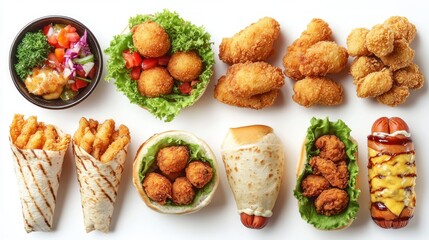 An assortment of fast food items including chicken nuggets, french fries, hot dogs, and wraps, photographed from above on a white background.