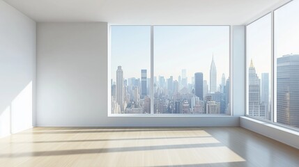 Fototapeta premium Interior view of an empty room in a skyscraper, showcasing the cityscape during the day. The skyline view from a high-rise window offers a gorgeous property with a stunning view.
