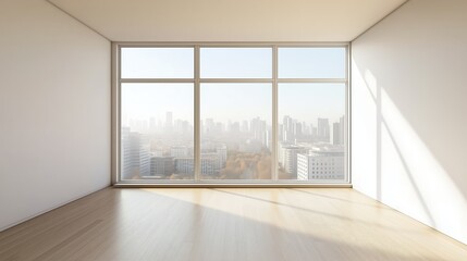 Obraz premium Interior view of an empty room in a skyscraper, showcasing the cityscape during the day. The skyline view from a high-rise window offers a gorgeous property with a stunning view.
