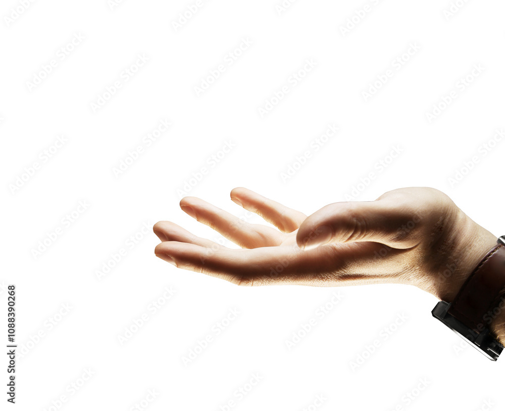 Poster a hand extended with palm facing upward, isolated against a white background. the wrist features a w