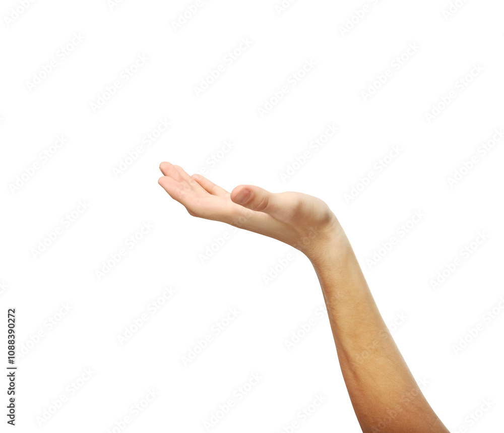Poster outstretched hand with palm facing upward, isolated on a clean white background. minimalistic design