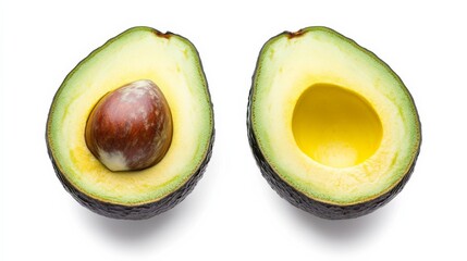 A fresh avocado cut in half revealing its smooth, creamy interior and large pit, Each avocado&rsquo;s vibrant color and subtle imperfections captured with precision