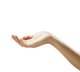 Outstretched open hand with palm facing up on a white background. Minimalistic style. Represents offering, giving, or receiving gestures