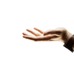 A hand extended with palm facing upward, isolated against a white background. The wrist features a watch. Great for presenting or displaying products