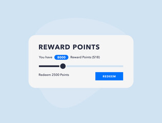 Reward points, loyalty program interface with slider to redeem points and redeem button. Perfect for loyalty programs, customer rewards and user experience design vector illustration concepts