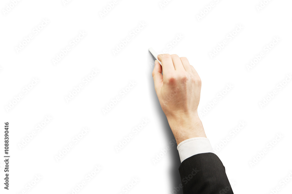 Poster closeup of a hand holding chalk, writing on an empty white background. isolated, minimalistic style.