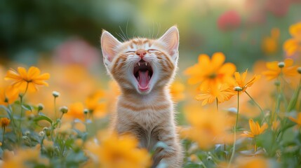 Yawning Kitten in a Field of Flowers.