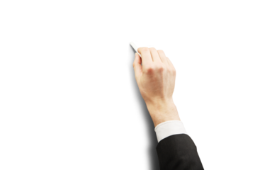 Closeup of a hand holding chalk, writing on an empty white background. Isolated, minimalistic style. Concept of education, teaching, or business